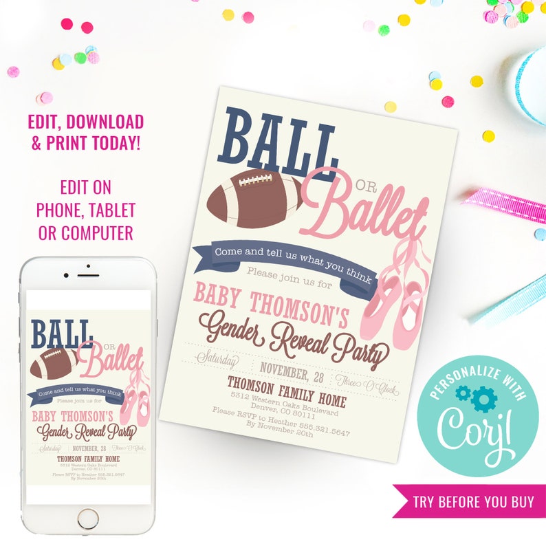 Ball or Ballet Gender Reveal Party Invitation Football or Ballet Instant Download & Edit File with Corjl image 1