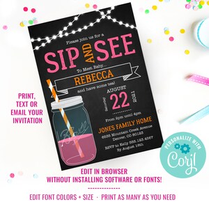 May include: A black chalkboard style invitation for a Sip and See party to meet baby Rebecca. The invitation features a mason jar with a pink drink and a straw, and the text "Please join us for a Sip and See to Meet Baby... Rebecca and have some tea! Saturday August 22, 2021 From 2pm until 4pm Jones Family Home 6535 Mountain Creek Avenue Denver, CO 80123 RSVP to Kelly 555.123.4567 By August 18th".