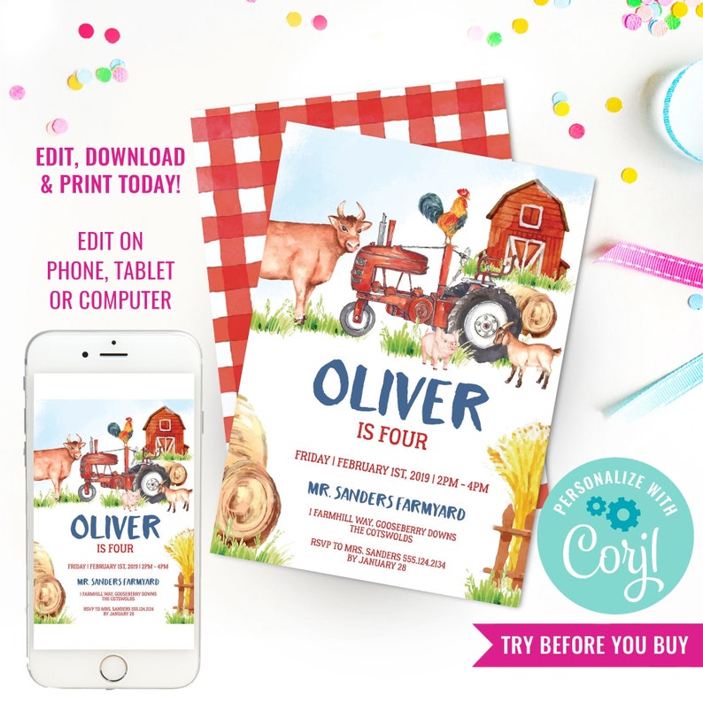 Puede incluir: Una invitaci&oacute;n editable para una fiesta de cumplea&ntilde;os con tem&aacute;tica de granja. La invitaci&oacute;n presenta un tractor rojo, una vaca, un cerdo, una cabra, un gallo y un granero rojo. El texto de la invitaci&oacute;n dice "Oliver tiene cuatro a&ntilde;os" e incluye la fecha, la hora y la ubicaci&oacute;n de la fiesta. La invitaci&oacute;n est&aacute; personalizada con el nombre "Corjl".