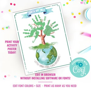 Earth Day Handprint Craft Hand Art Handprint Earth Day Art Save the Earth Recycle Kids Activity Instant Download Edit File with Corjl image 3