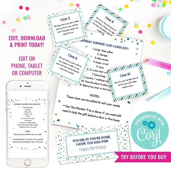 Surprise Birthday Cards for Boys - Birthday Activity Cards - Birthday Present Hunt Cards - Instant Download - Print at Home Il_570xn