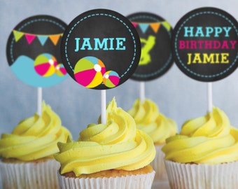 Summer Pool Party Cupcake Toppers - Instantly Downloadable and Editable File - Personalize at home with Adobe Reader