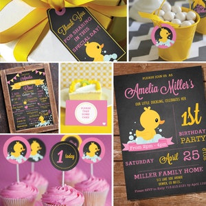 Chalkboard Rubber Duck Birthday Party Theme - Girl First Birthday Party - Instant Download + Editable File - Personalize with Adobe Reader