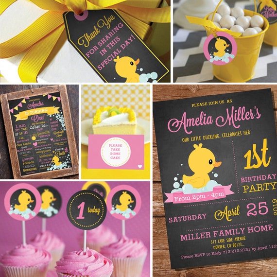 Chalkboard Rubber Duck Birthday Party Theme Girl First Birthday