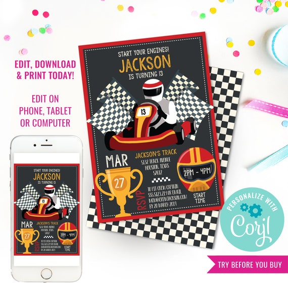 Go-Kart Party Invitation - Go Kart Party - Karting Party - Go Kart Invite - Racing Invite - Instant Download & Edit File with Corjl Il_570xn