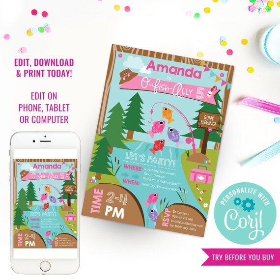 Girl Fishing Invitation - Fishing Invite - Gone Fishing Party - Gone Fishing Invitation - Instant Download & Edit File with Corjl Il_570xn