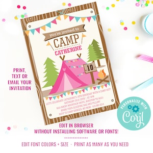 May include: A printable invitation for a girl's 10th birthday party with a camping theme. The invitation features a pink tent, a campfire, and a sign that says "Camp Catherine". The text on the invitation says "Let's celebrate Catherine's 10th birthday with a camp out! Saturday July 29th | at 3pm 5624 Rocky Mountain Drive, Houston TX 56231 Bring your sleeping bag and pillow! RSVP to Camp Ranger: My Mom - 619.985.6214"