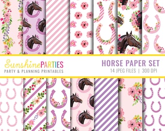 Craft Scrapbooking Horse Digital Paper Set Floral Horse Design Paper Set Instant Download
