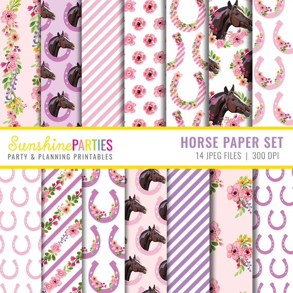 Horse Digital Paper Set - Floral Horse Design Paper Set - Instant Download Il_570xn
