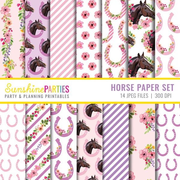 Horse Digital Paper Set - Floral Horse Design Paper Set - Téléchargement instantané