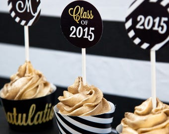 Black and Gold Graduation Cupcake Toppers and Cupcake Wrappers - Graduation Cupcakes - Instantly Downloadable File