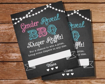 Chalkboard Gender Reveal BBQ Diaper Raffle Cards - Diaper Raffle Insert - Boy or Girl - Instant Download and Edit File with Adobe Reader