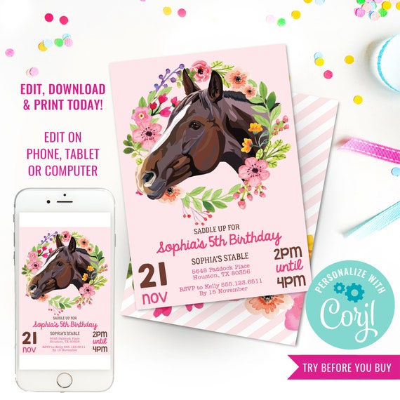 Horse Party Invitation - Horse Birthday Party Invitation - Pink Horse Party Invite - Instant Download & Edit File with Corjl Il_570xn