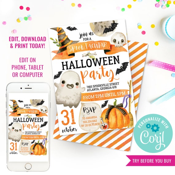 Halloween Party Invitation - Kids Halloween Party - Halloween Birthday Invitations - Instant Download & Edit File with Corjl Il_570xn