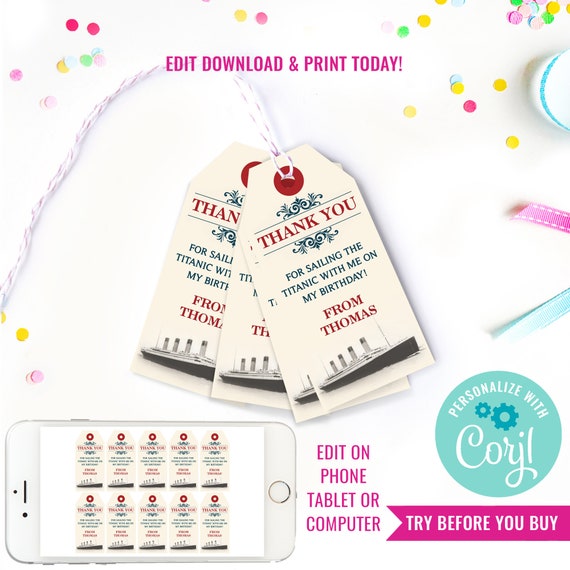 Titanic Party Favor Tags - Titanic Thank You Tags - Vintage Titanic Party Favors - Travel Party - Instant Download & Edit File with Corjl Il_570xn