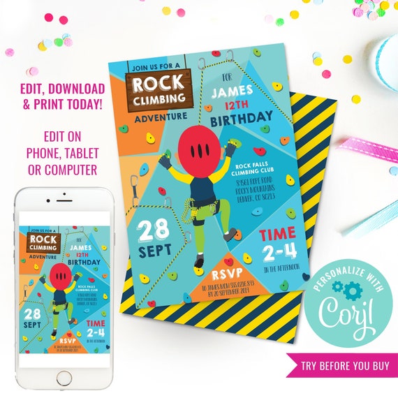 Rock Climbing Party Invitation - Indoor Climbing Party Invite - Kids Rock Climbing Party - Instant Download & Edit File with Corjl Il_570xn