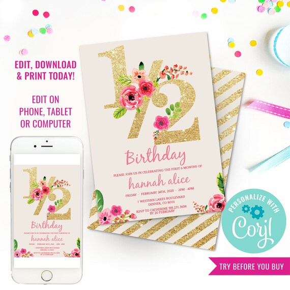 Half Birthday Invitation - Gold Glitter Floral Watercolor 1/2 Birthday Invitation - Instant Download & Edit File with Corjl Il_570xn