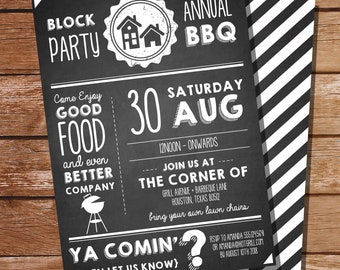 Invitación a fiesta de barrio con barbacoa Invitación a fiesta callejera con barbacoa Invitación a fiesta vecinal con barbacoa Descarga instantánea Editar con Adobe Reader
