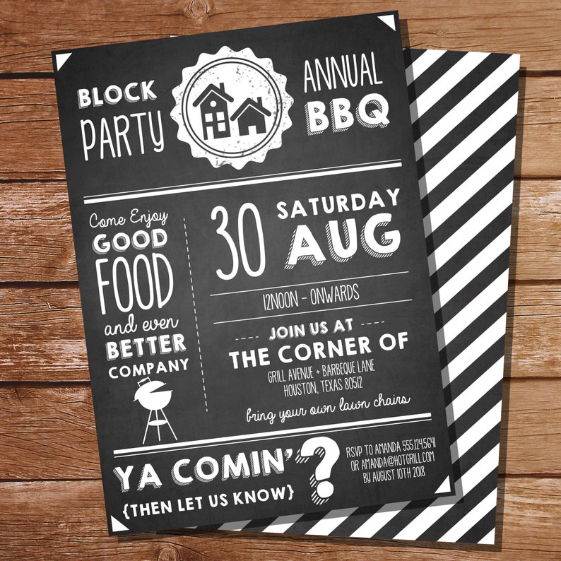 May include: A black chalkboard-style invitation for a block party BBQ. The invitation includes white text with the date, time, and location. The back of the invitation has a black and white striped pattern.