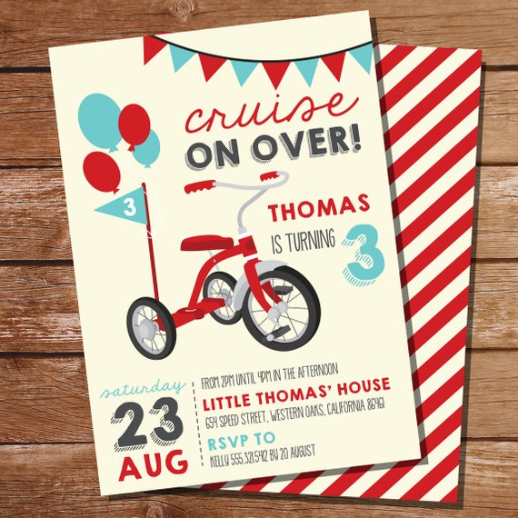 Vintage Tricycle Birthday Party Invitation - Red Tricycle Birthday Invitation - Instant Download and Edit with Adobe Reader Il_570xn