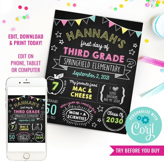Back to School Chalkboard Poster - DIY Printable Back To School Poster - Stats Poster - Instant Download & Edit File with Corjl Il_570xn