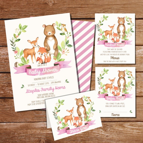 Woodland Baby Shower Invitation Set - Woodland Baby Shower Bundle - Girl Woodland Watercolor - Instant Download + Edit File at home Il_570xn