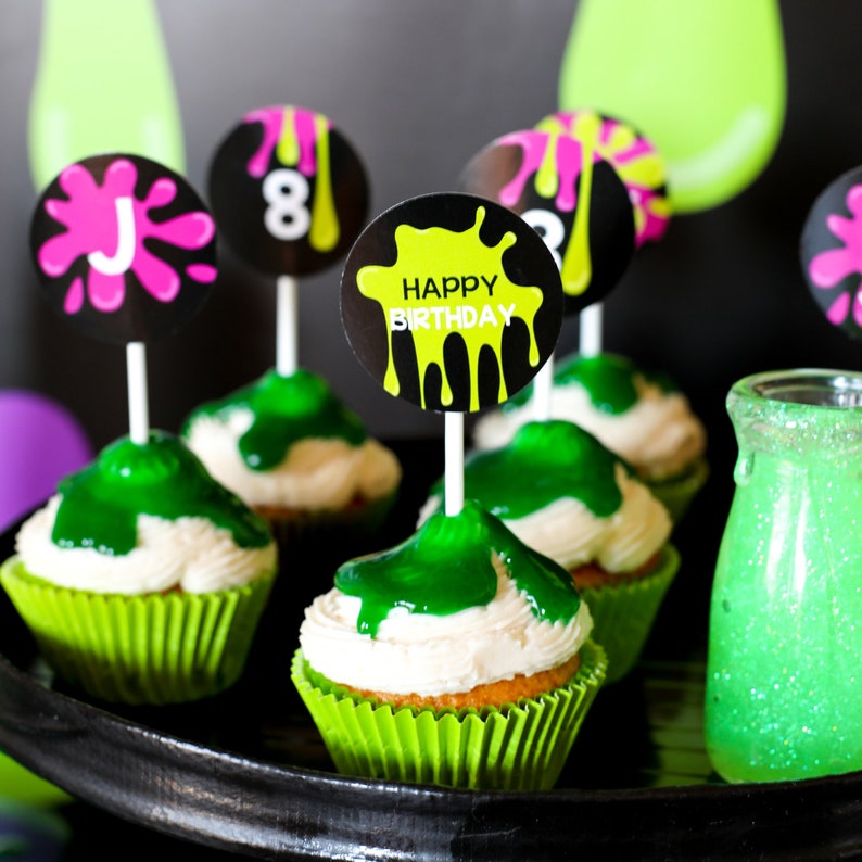 Slime Party Cupcake Toppers Boy or Girl Unisex Party Instantly Download and Edit at home with Adobe Reader image 1