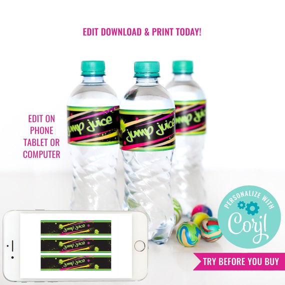 Jump Party Water Bottle Labels- Bounce Birthday Party Label- Trampoline ...
