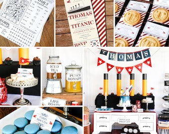 May include: A birthday party table setting with a nautical theme. The table is decorated with red, white and blue flags, a ship's wheel, and a sign that says "Thomas Turns Eight". There are also various treats, including cupcakes, macarons, and iced tea.