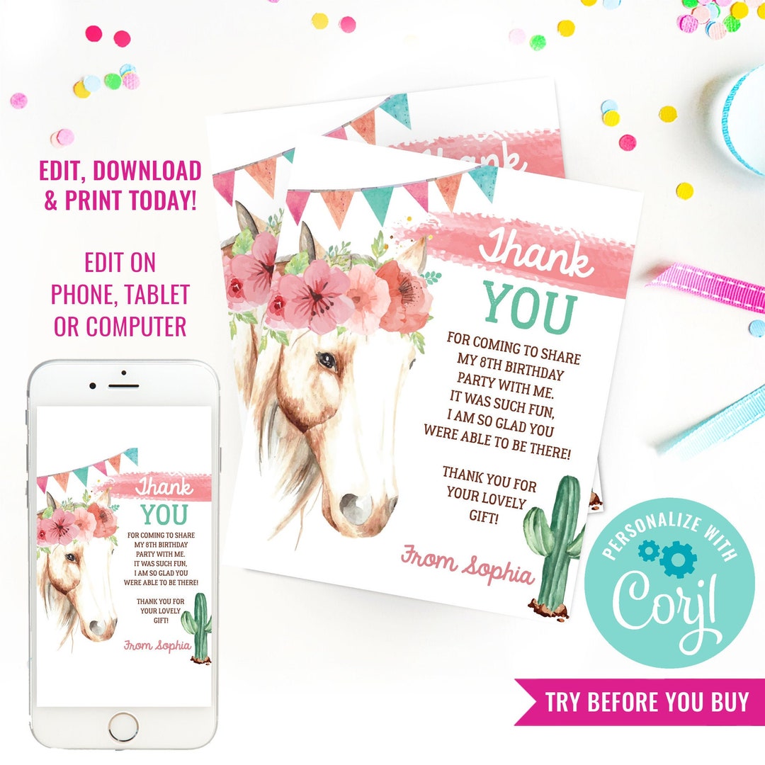 Girl Birthday Party Cowgirl Thank You Card Cowgirl Watercolor Thank You ...