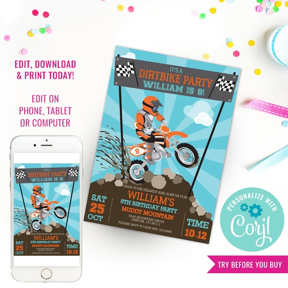 Dirt Bike Party Invitation - Motorbike Party - Motocross Party - Instant Download & Edit File with Corjl Il_570xn
