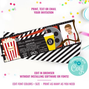 Movie Party Photo Invitation Movie Ticket Invitation Movie Night Invitation Instant Download & Edit File with Corjl image 2