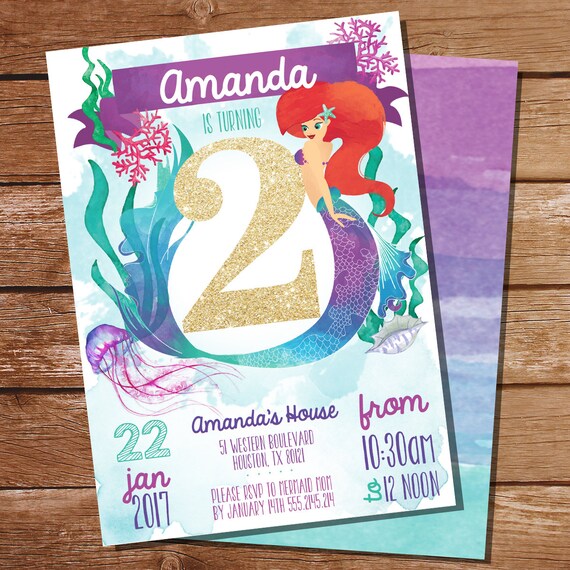 mermaid under the sea 2nd birthday party invitation watercolor