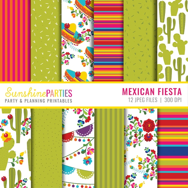 Fiesta Digital Paper Set - Mexican Themed Digital Paper Bundle - Instant Download