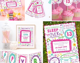 Sleepover Party Decorations - Tween Girls - Sleep Over Party Decor - Slumber Party Decor - Instant Download- Edit with Adobe Reader