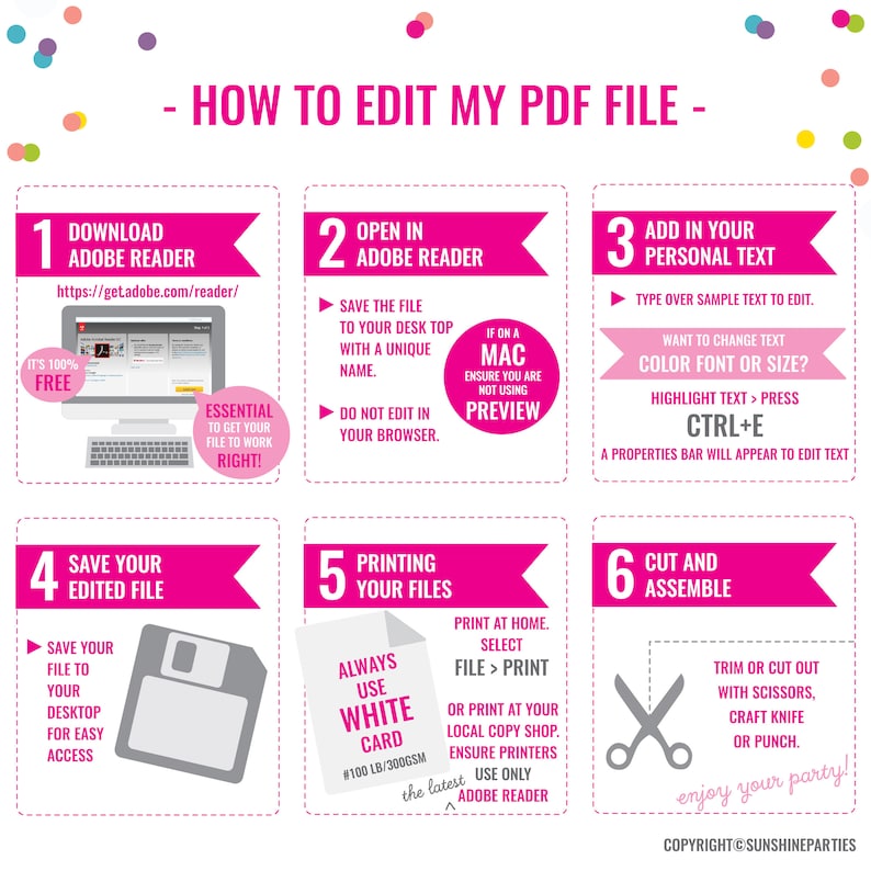 May include: A pink and white infographic with six steps on how to edit a PDF file using Adobe Reader. The steps include downloading Adobe Reader, opening the file in Adobe Reader, adding personal text, saving the edited file, printing the file, and cutting and assembling the file. The infographic also includes a note about using white card stock for printing and a reminder to use Adobe Reader for the latest version.