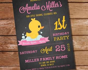 Chalkboard Rubber Duck Birthday Party Invitation - First Birthday Party - Instant Download + Editable File Personalize with Adobe Reader