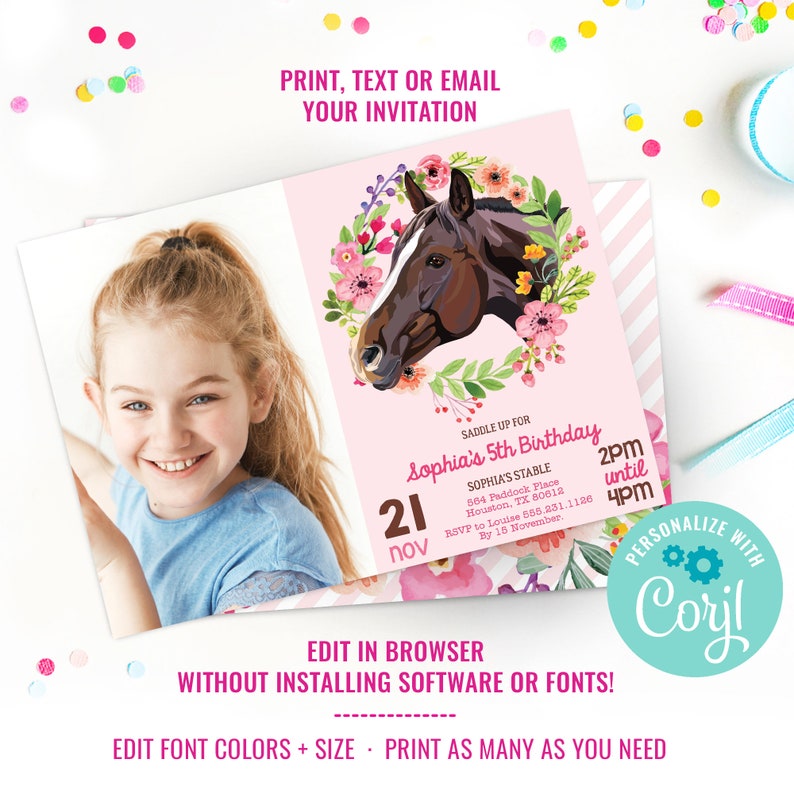 Horse Party Invitation Horse Birthday Party Photo Invitation Pink Horse Party Invite Instant Download & Edit File with Corjl image 2