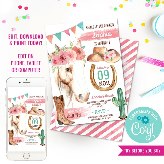 Cowgirl Birthday Party Invitation - Cowgirl Watercolor Invitation - Horse Party - Instant Download & Edit File with Corjl Il_570xn