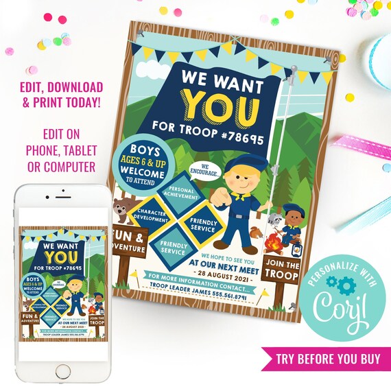 Boy Scouts Recruitment Flyer Printable - Boy Scouts Recruitment Poster - Join The Troop Flyer - Instant Download & Edit File with Corjl Il_570xn