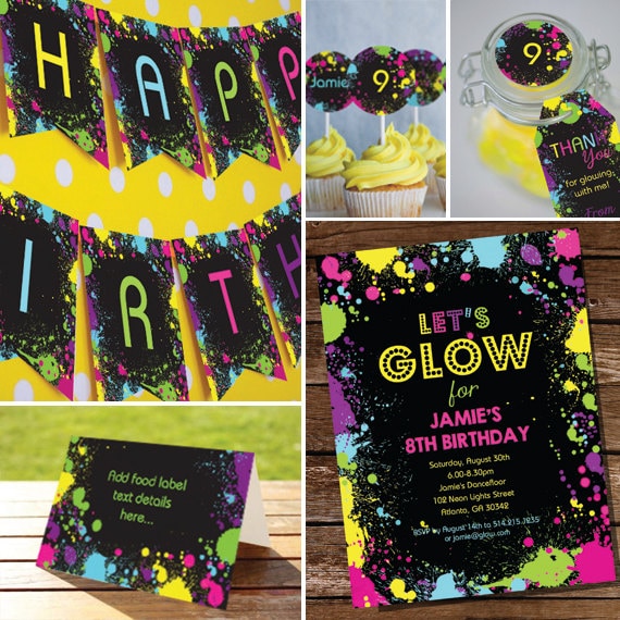 Neon Glow Party Printables Set - Instantly Downloadable and Editable File - Personalize at home with Adobe Reader Il_570xn