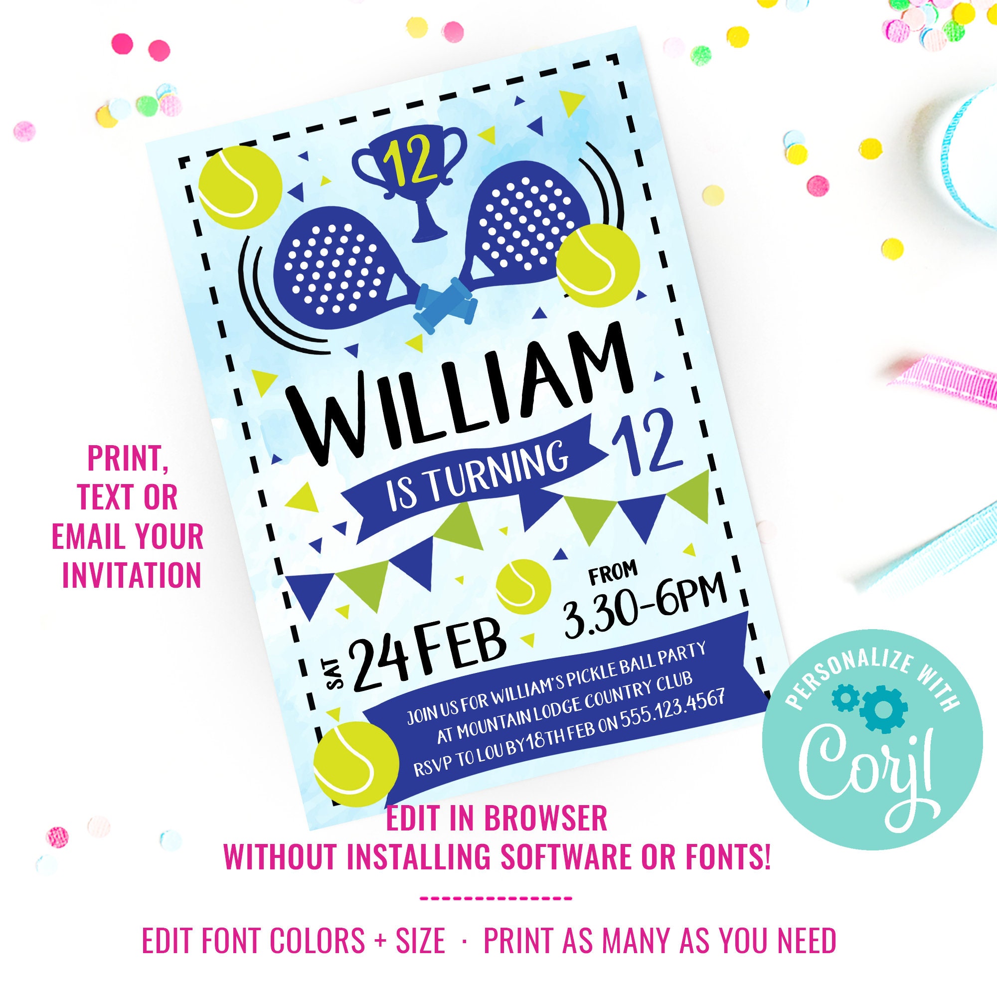 Boys Invitation Padel Party DIY Kids Padel Birthday Invite Pickleball ...