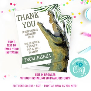 May include: A green and white thank you card with a cartoon alligator. The card says "Thank You" and "From Joshua". The card is for a 10th birthday party. It says "Print, Text or Email Your Invitation".
