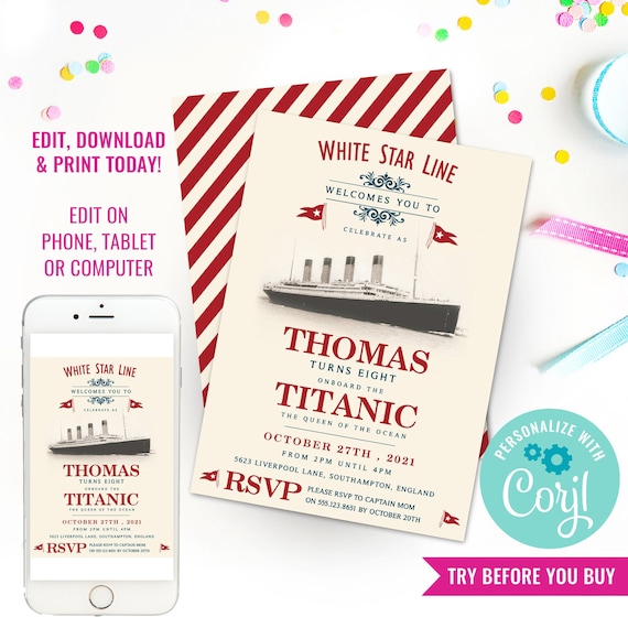 Titanic Party Invitation - Titanic Birthday Party - Vintage Titanic Party - Vintage Travel Party - Instant Download & Edit File with Corjl Il_570xn