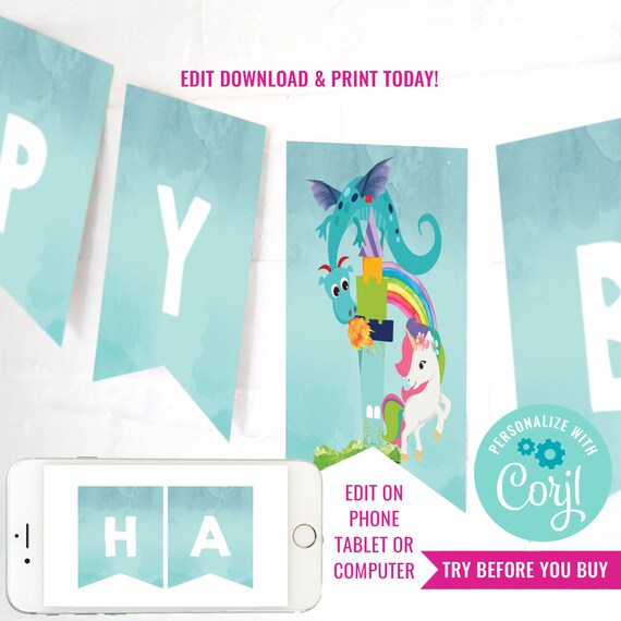 Dragon and Unicorn Party Birthday Banner - Unicorn Dragon Party Happy Birthday Banner - Instant Download & Edit File with Corjl Il_570xn