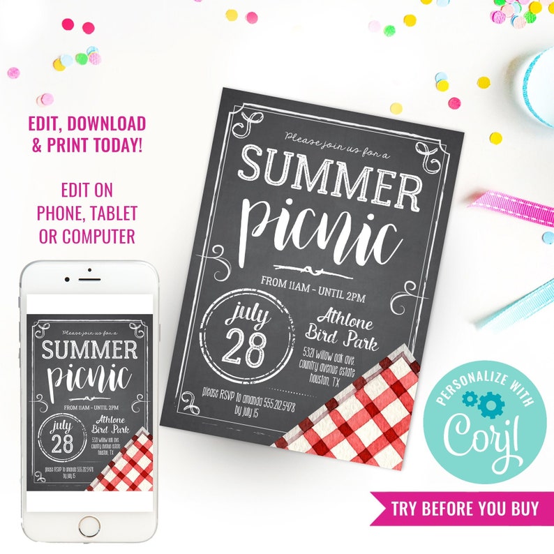 May include: Editable digital invitation for a summer picnic. The invitation features a chalkboard background with white text that says "Please join us for a Summer Picnic" and "From 11am - Until 2pm". The date is July 28th. The location is Athlone Bird Park, 532 Willow Oak Cove, County Overlook Estate, Houston, TX. The invitation also includes a red and white gingham pattern.