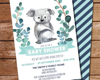 Koala Baby Shower Printable Invitation - Koala Bear Invitation - Teal Baby Shower - Instant Download - Edit File at home with Adobe Reader