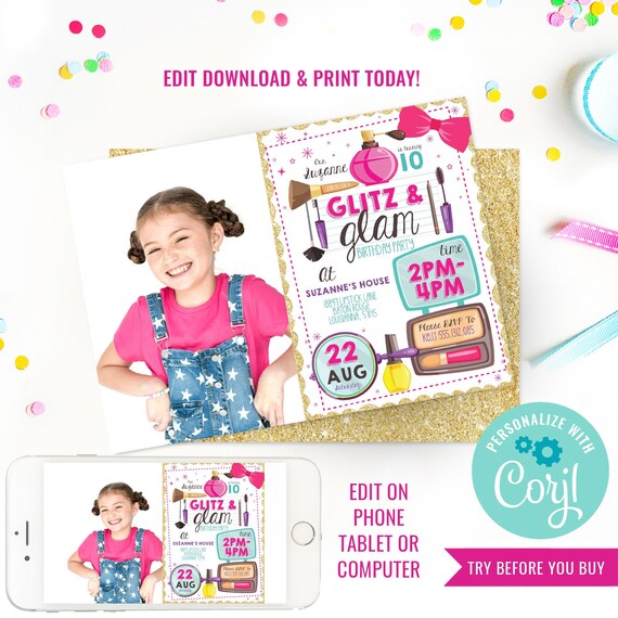 Glitz And Glam Party Invitation - Make-Up Party Invitation - Tween Girls - Photo Invitation - Instant Download & Edit File with Corjl Il_570xn