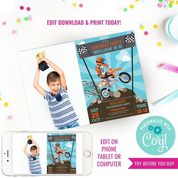 Dirt Bike Party Invitation - Motorbike Party - Motocross Party - Photo Invitation - Instant Download & Edit File with Corjl Il_570xn