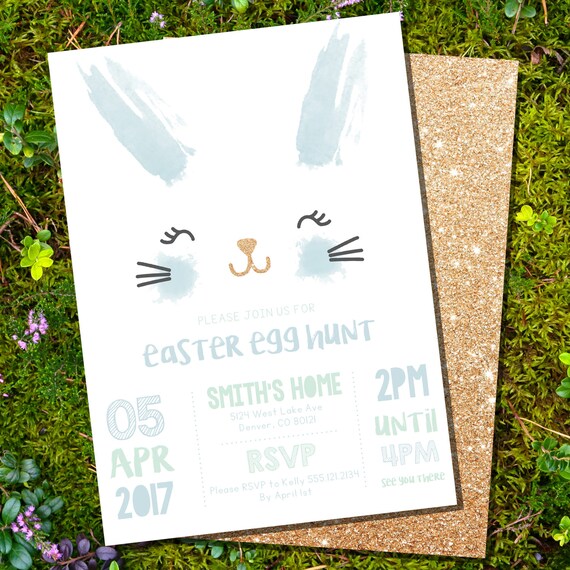Easter Egg Hunt Invitation - Blue Watercolor Easter Bunny - Glitter Invitation - Instant Download and Edit File at home with Adobe Reader Il_570xn